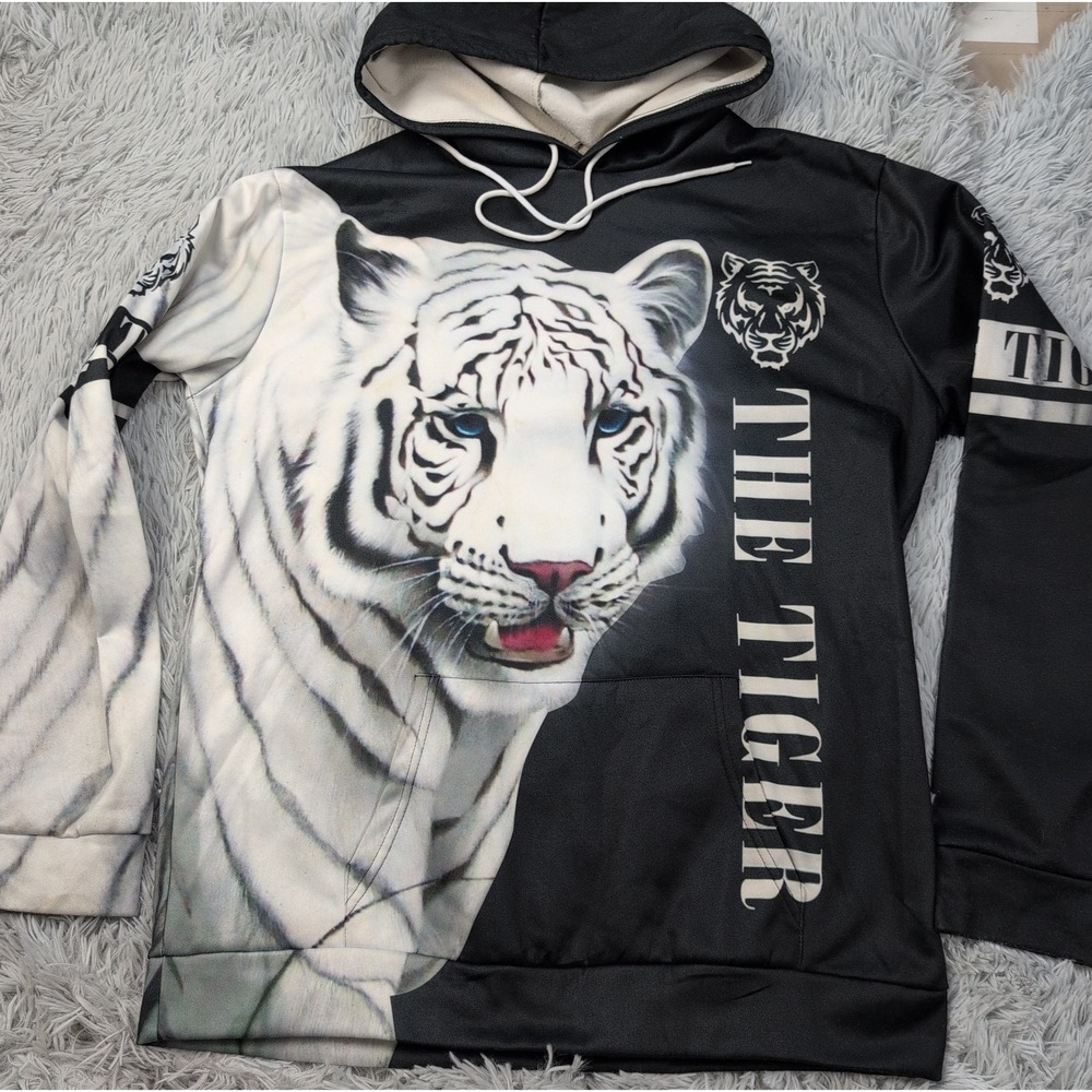 White Tiger Sweatshirt Mens L Black Hoodie Pocket Graphic The Tiger Casual